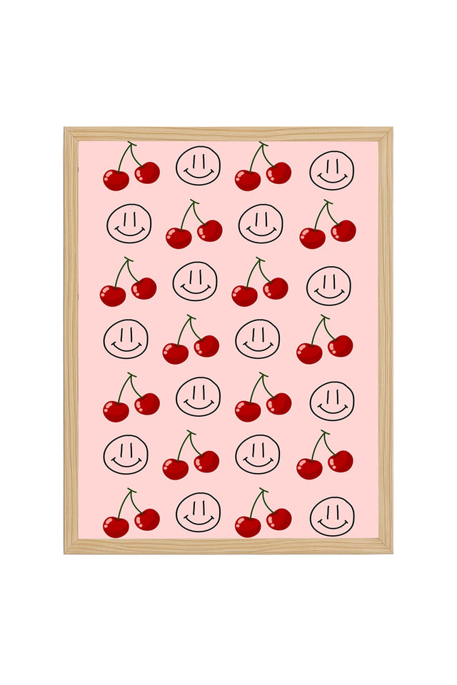 Doğal Ahşap Çerçeveli Retro Tablo - Çilek Desenli Neşeli Tablo | huhu2262