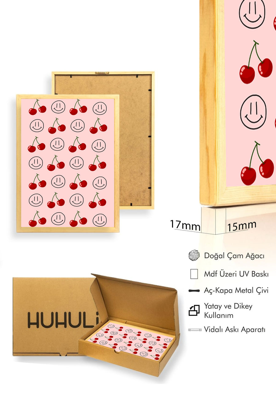 Doğal Ahşap Çerçeveli Retro Tablo - Çilek Desenli Neşeli Tablo | huhu2262
