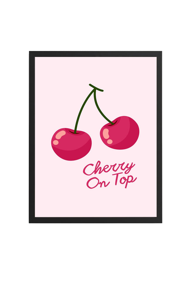 Doğal Ahşap Çerçeveli Retro Tablo - Cherry On Top Kiraz Desenli | huhu2264