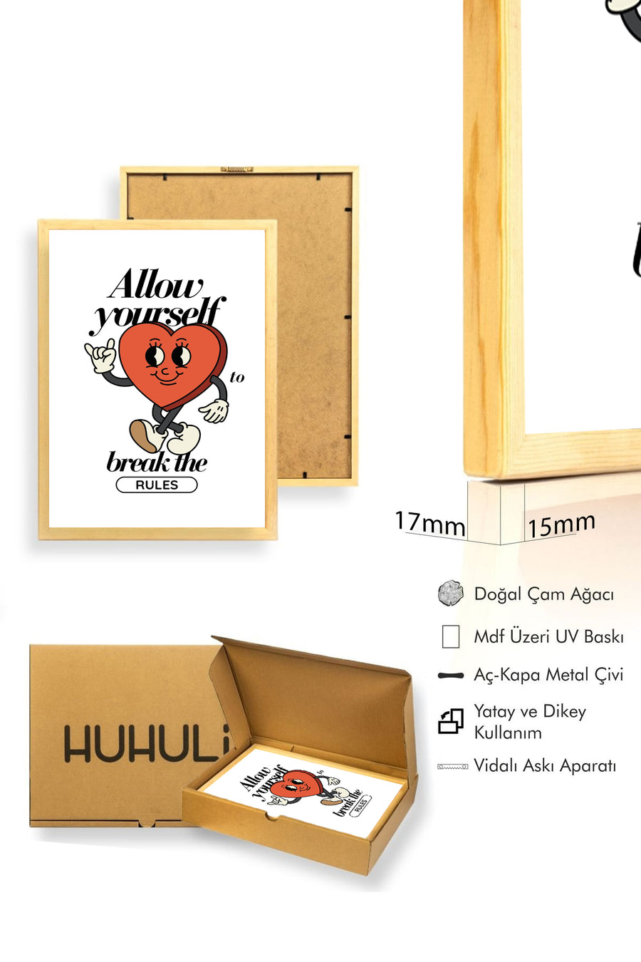 Doğal Ahşap Çerçeveli Retro Kalp Tablo - Kural Bozma Pop Art | huhu2267