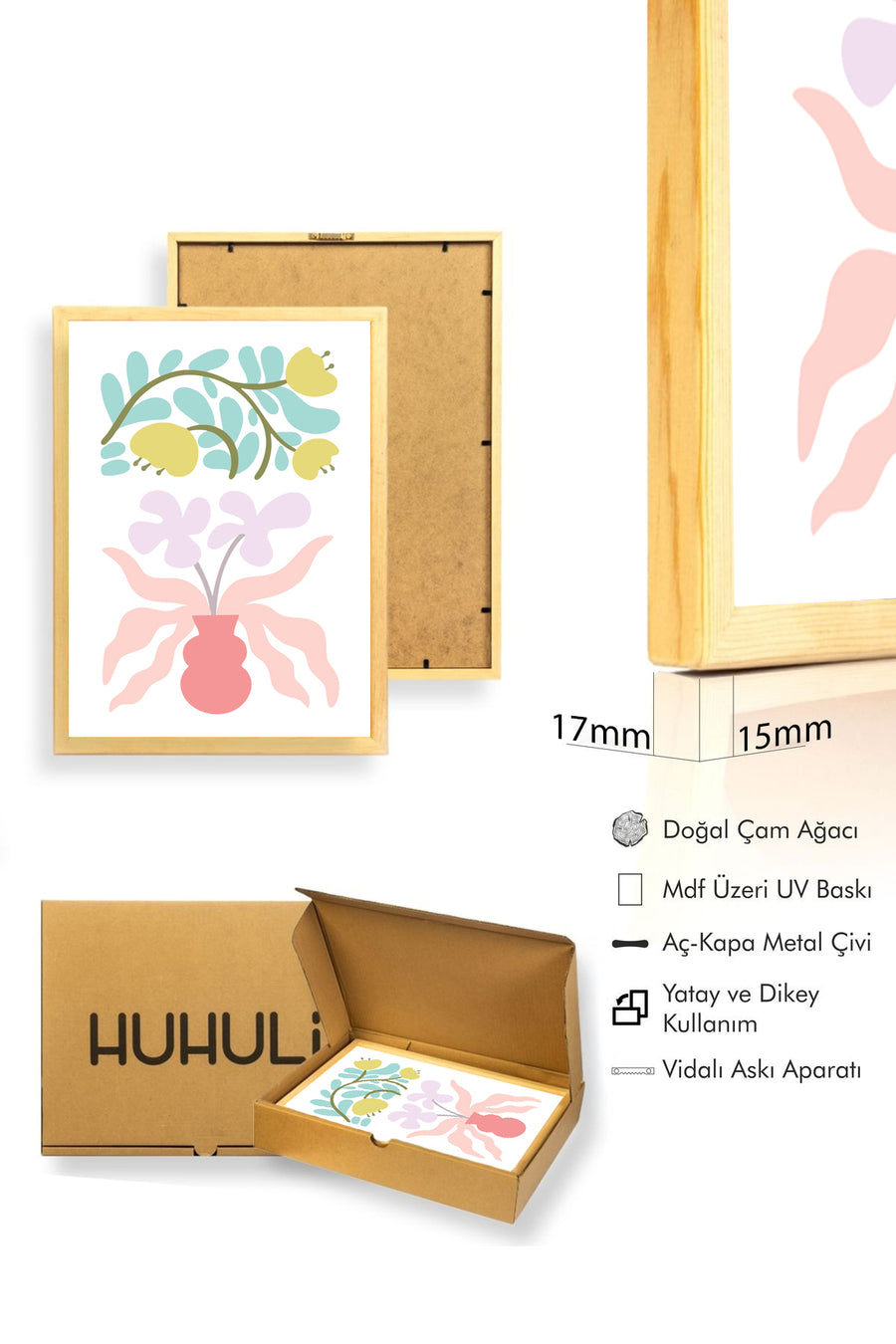 Doğal Ahşap Çerçeveli Retro Çiçek Tablo - Pastel Botanik Buket Desen | huhu2271