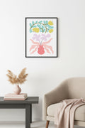 Doğal Ahşap Çerçeveli Retro Çiçek Tablo - Pastel Botanik Buket Desen | huhu2271