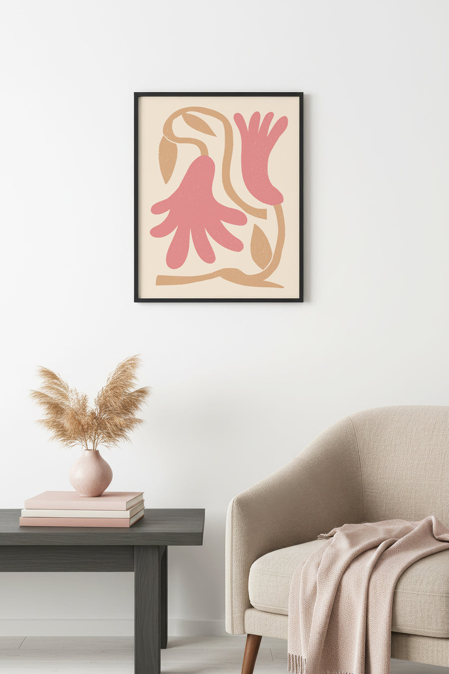 Doğal Ahşap Çerçeveli Retro Floral Tablo - Boho Çiçek Desenli Pastel Tonlar | huhu2273