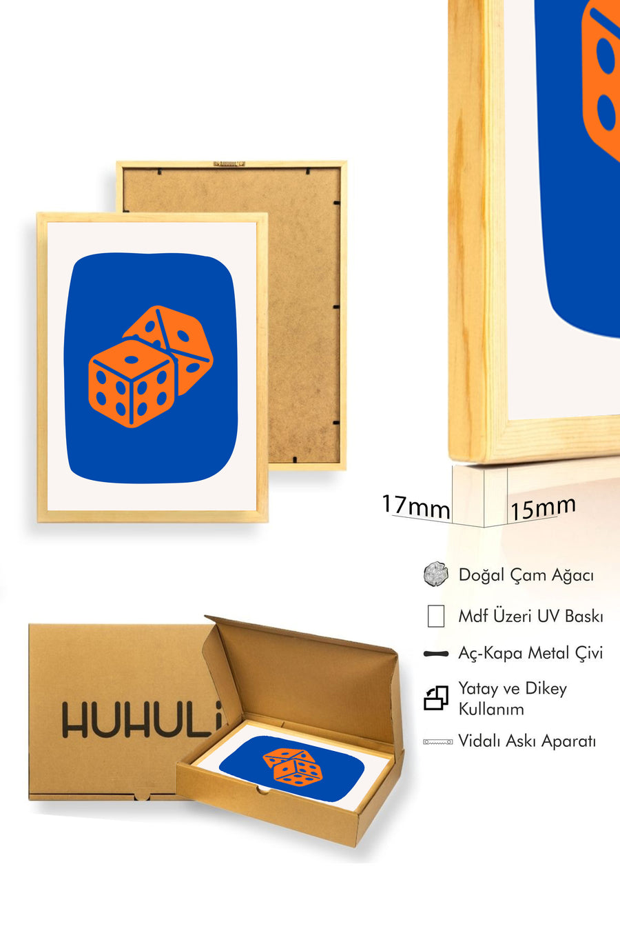 Doğal Ahşap Çerçeveli Retro Zar Temalı Tablo - Oyun | huhu2275