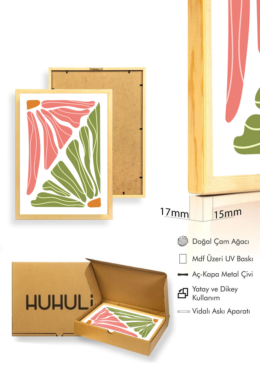 Doğal Ahşap Çerçeveli Retro Botanik Soyut Tablo - Pembe Yeşil Yaprak Desen | huhu2277