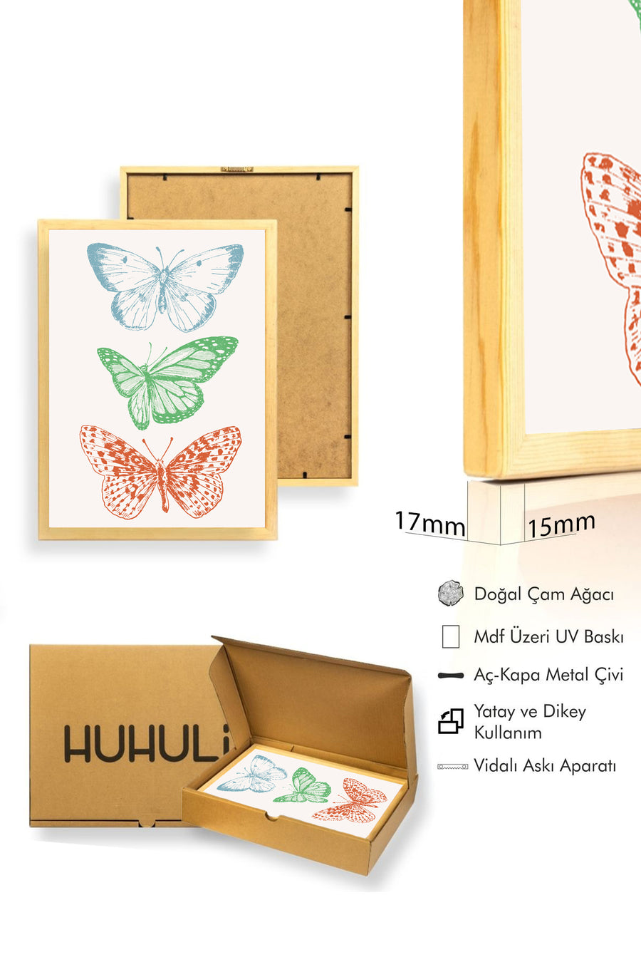 Doğal Ahşap Çerçeveli Retro Kelebek Tablo - Yaz Desenleri | huhu2281