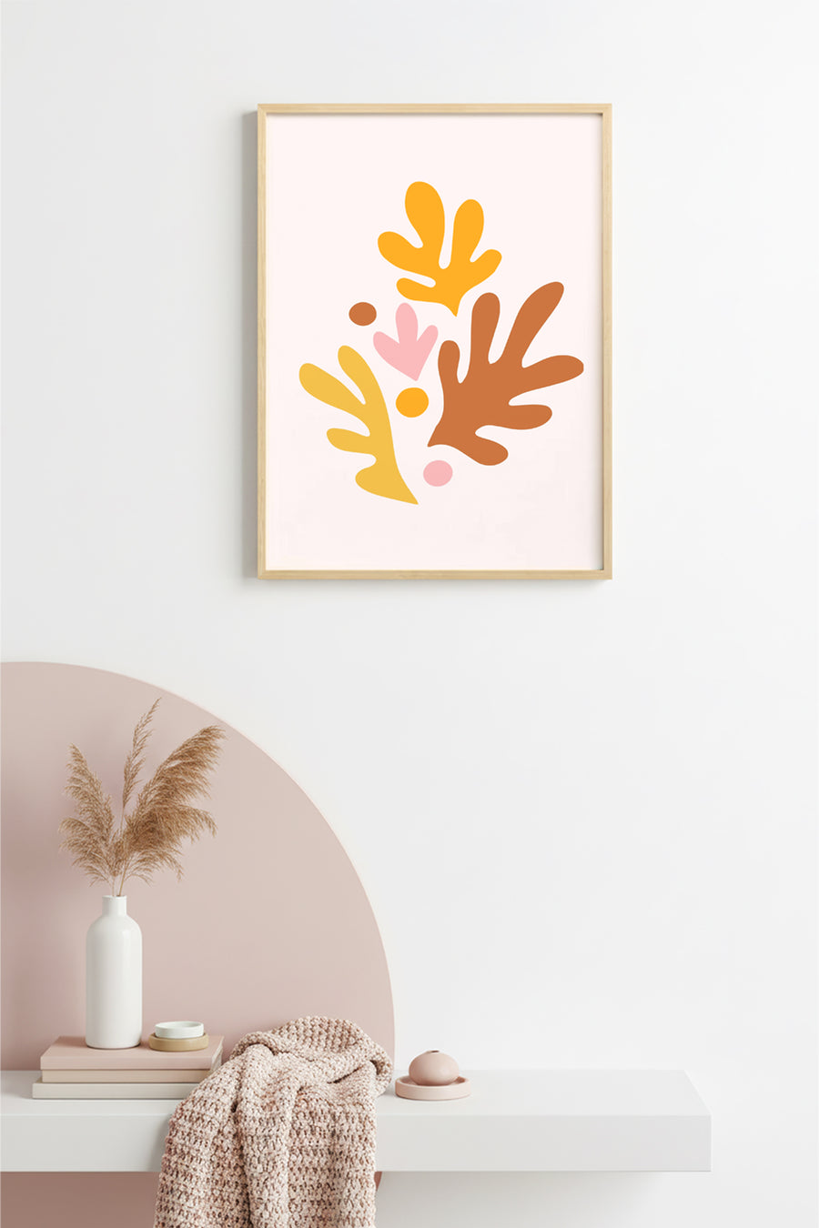 Doğal Ahşap Çerçeveli Retro Tablo - Pastel Tonlarda Soyut Yaprak Desen | huhu2288