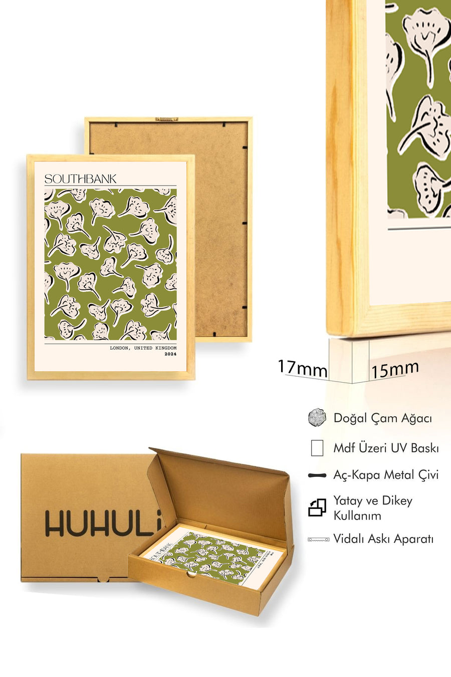 Doğal Ahşap Çerçeveli Retro Yaprak Desenli Tablo - Botanik Yaşam | huhu2290