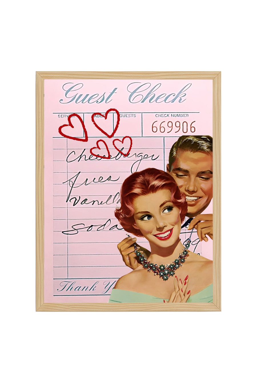 Doğal Ahşap Çerçeveli Retro Tablo - Vintage Romantik Pop Art Çifti | huhu2293