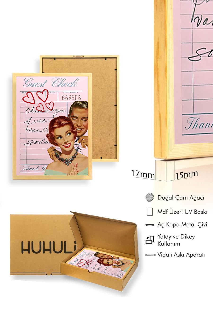 Doğal Ahşap Çerçeveli Retro Tablo - Vintage Romantik Pop Art Çifti | huhu2293
