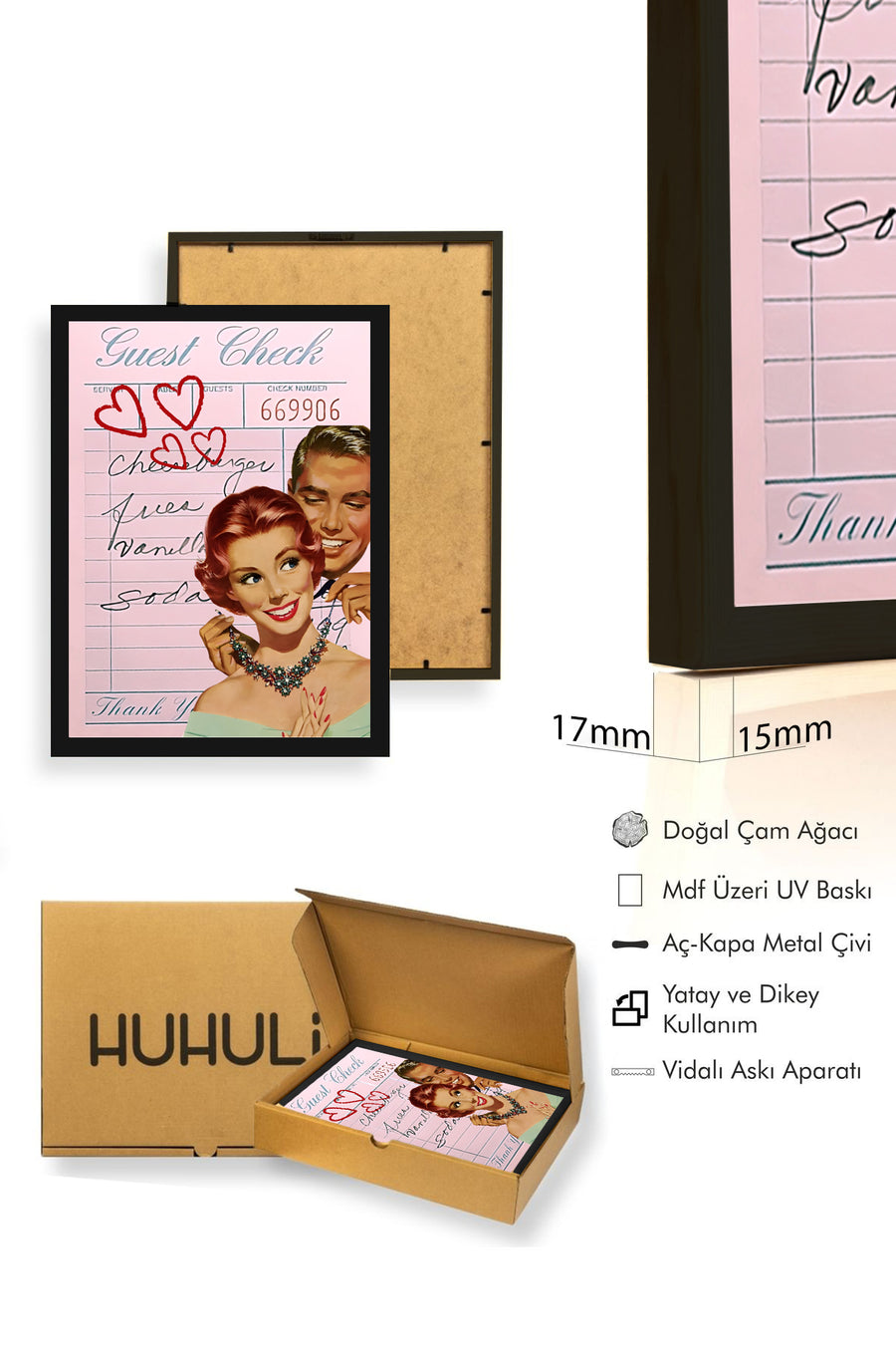 Doğal Ahşap Çerçeveli Retro Tablo - Vintage Romantik Pop Art Çifti | huhu2293