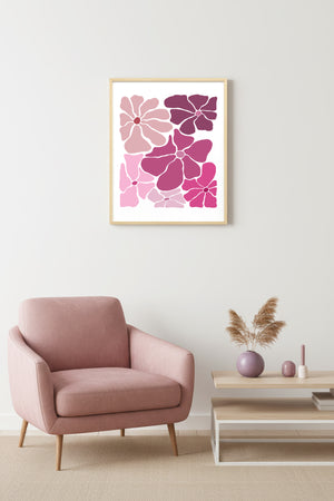 Doğal Ahşap Çerçeveli Retro Floral Tablo - Pastel Pembe Tonlar | huhu2298