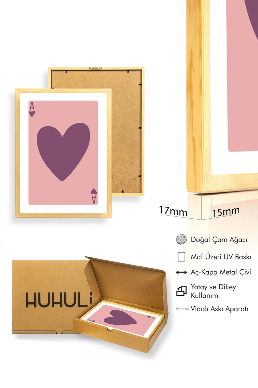 Doğal Ahşap Çerçeveli Retro Kalp Desenli Tablo - Pembe Aşk Tonları | huhu2299