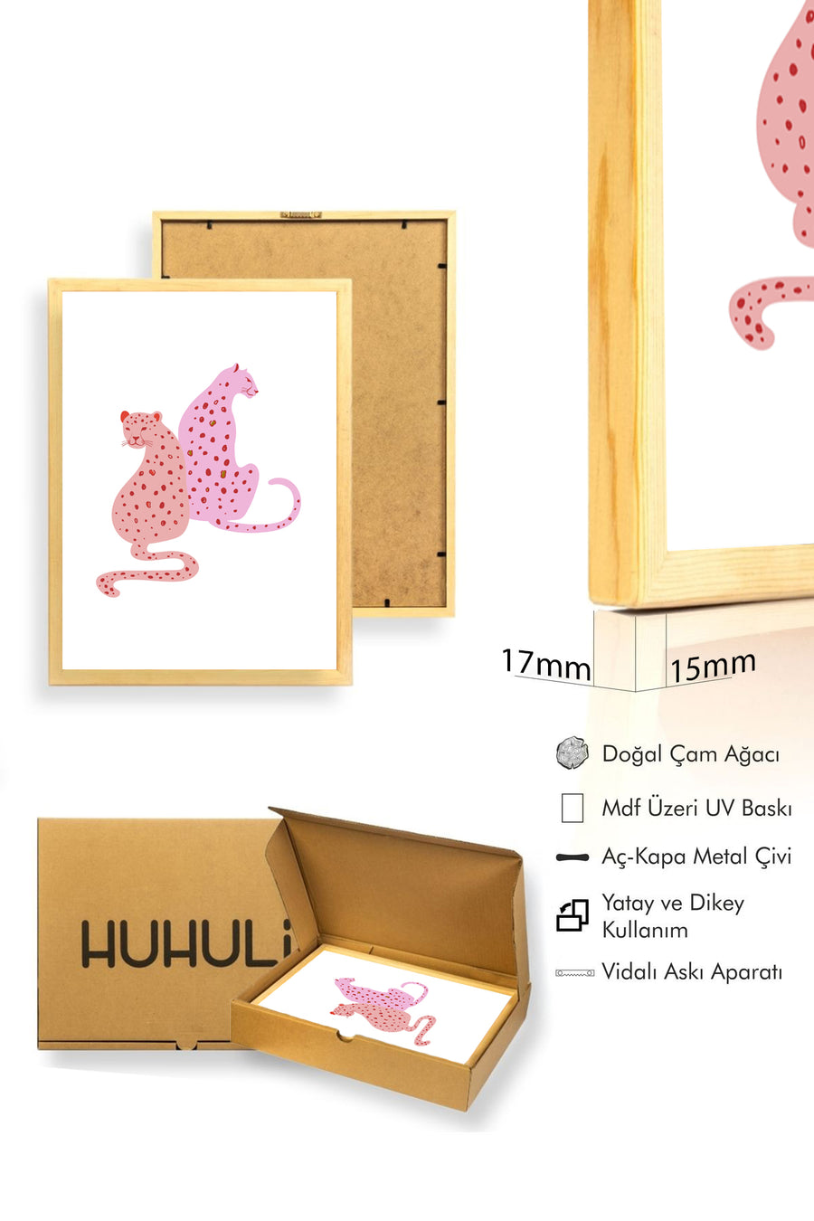 Doğal Ahşap Çerçeveli Retro Hayvan Tablo - Pembe Leopar Portresi | huhu2301