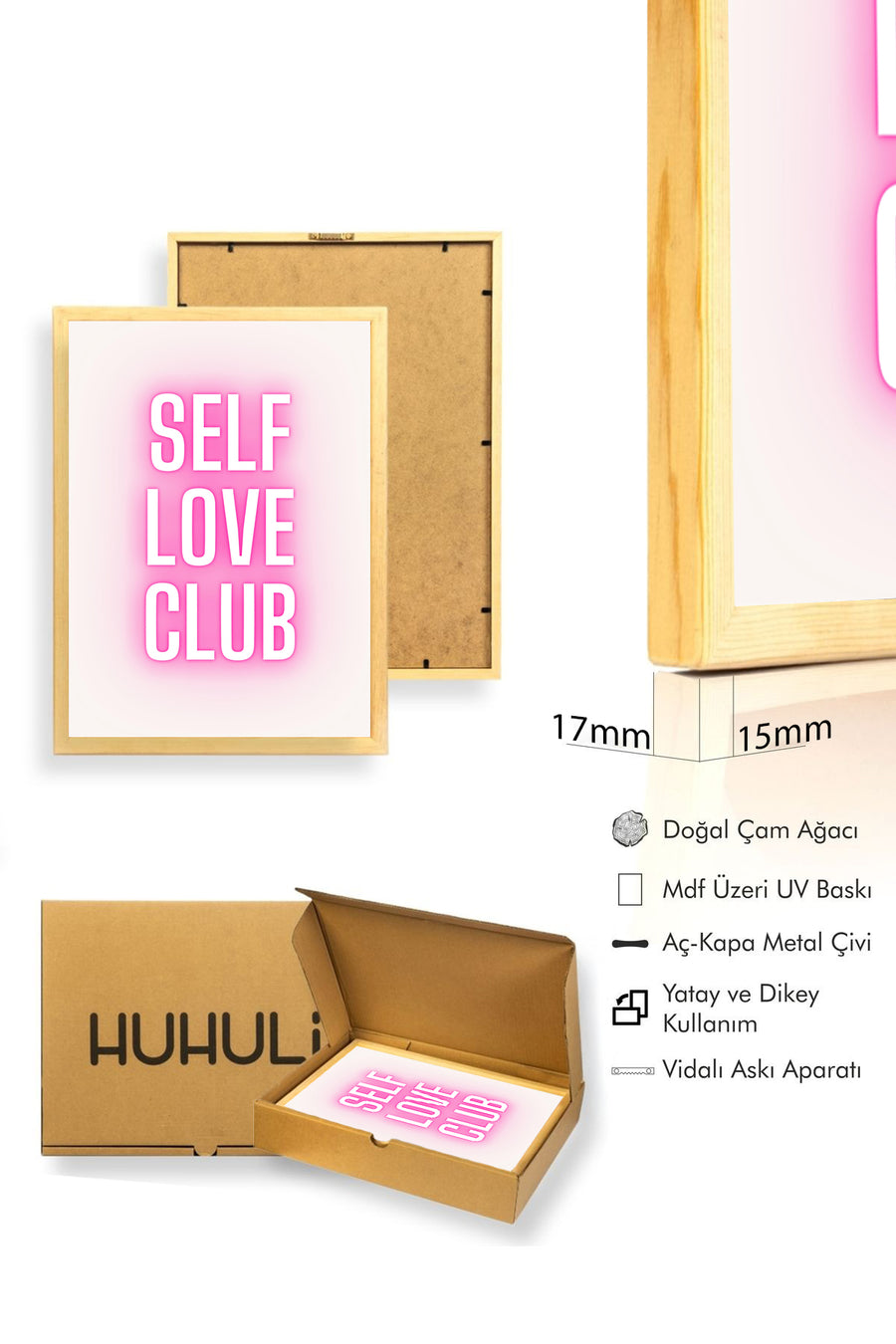 Doğal Ahşap Çerçeveli Pop Art Tablo - Self Love Neon Yazı Tasarımı | huhu2303