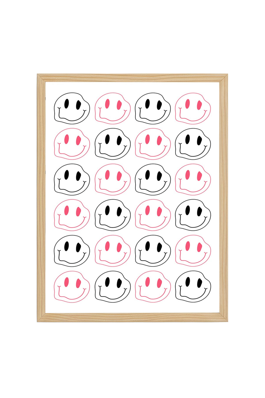 Doğal Ahşap Çerçeveli Retro Smiley Yüz Desenli Tablo - Pembe Tonlar | huhu2304
