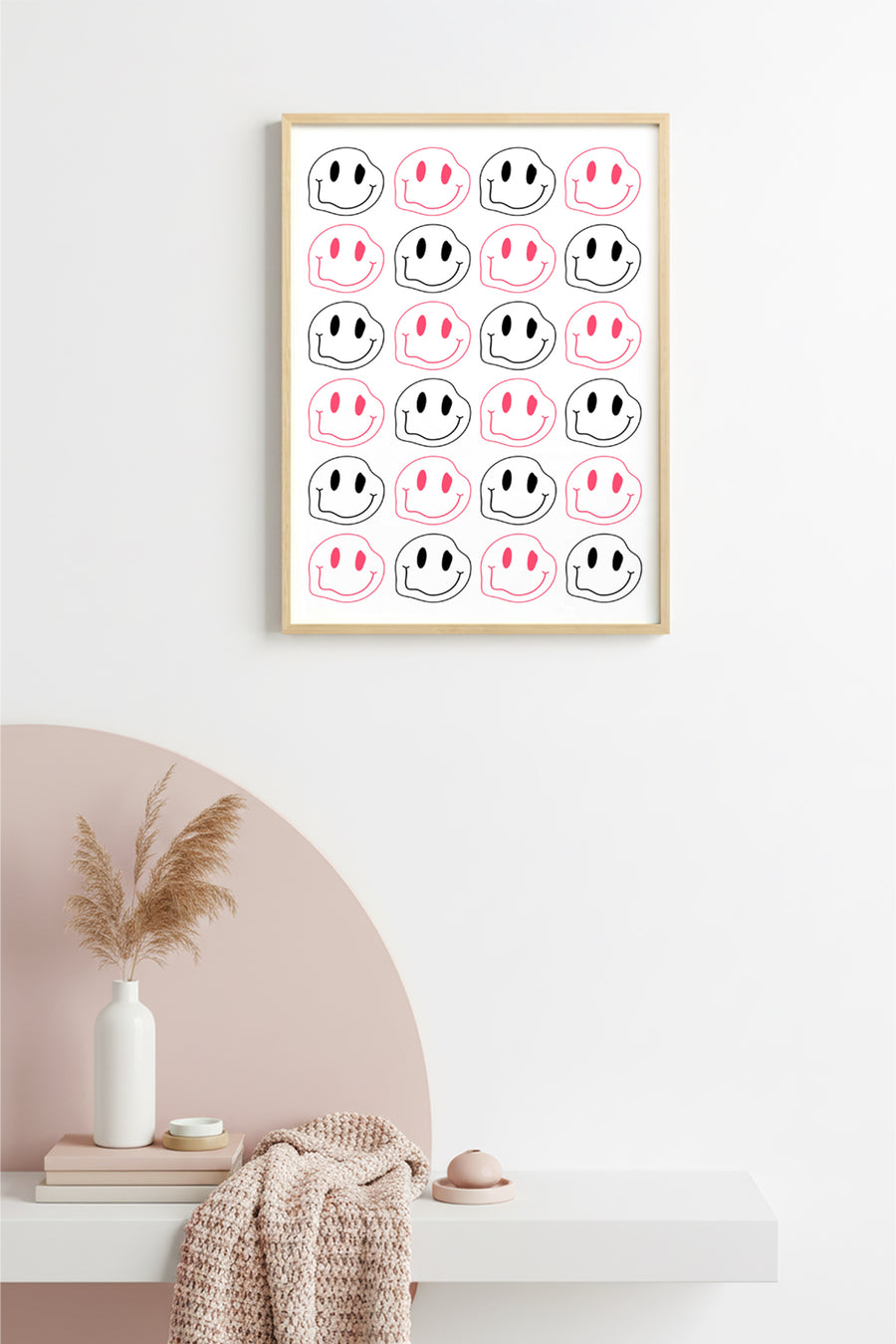 Doğal Ahşap Çerçeveli Retro Smiley Yüz Desenli Tablo - Pembe Tonlar | huhu2304