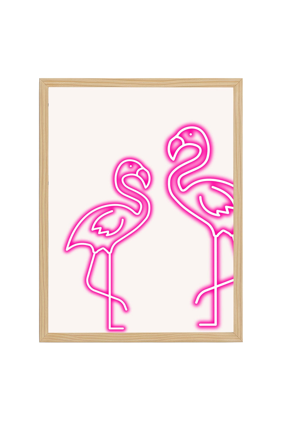 Doğal Ahşap Çerçeveli Retro Flamingo Tablo - Pembe Kuş Line Art | huhu2306