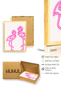 Doğal Ahşap Çerçeveli Retro Flamingo Tablo - Pembe Kuş Line Art | huhu2306