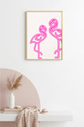 Doğal Ahşap Çerçeveli Retro Flamingo Tablo - Pembe Kuş Line Art | huhu2306