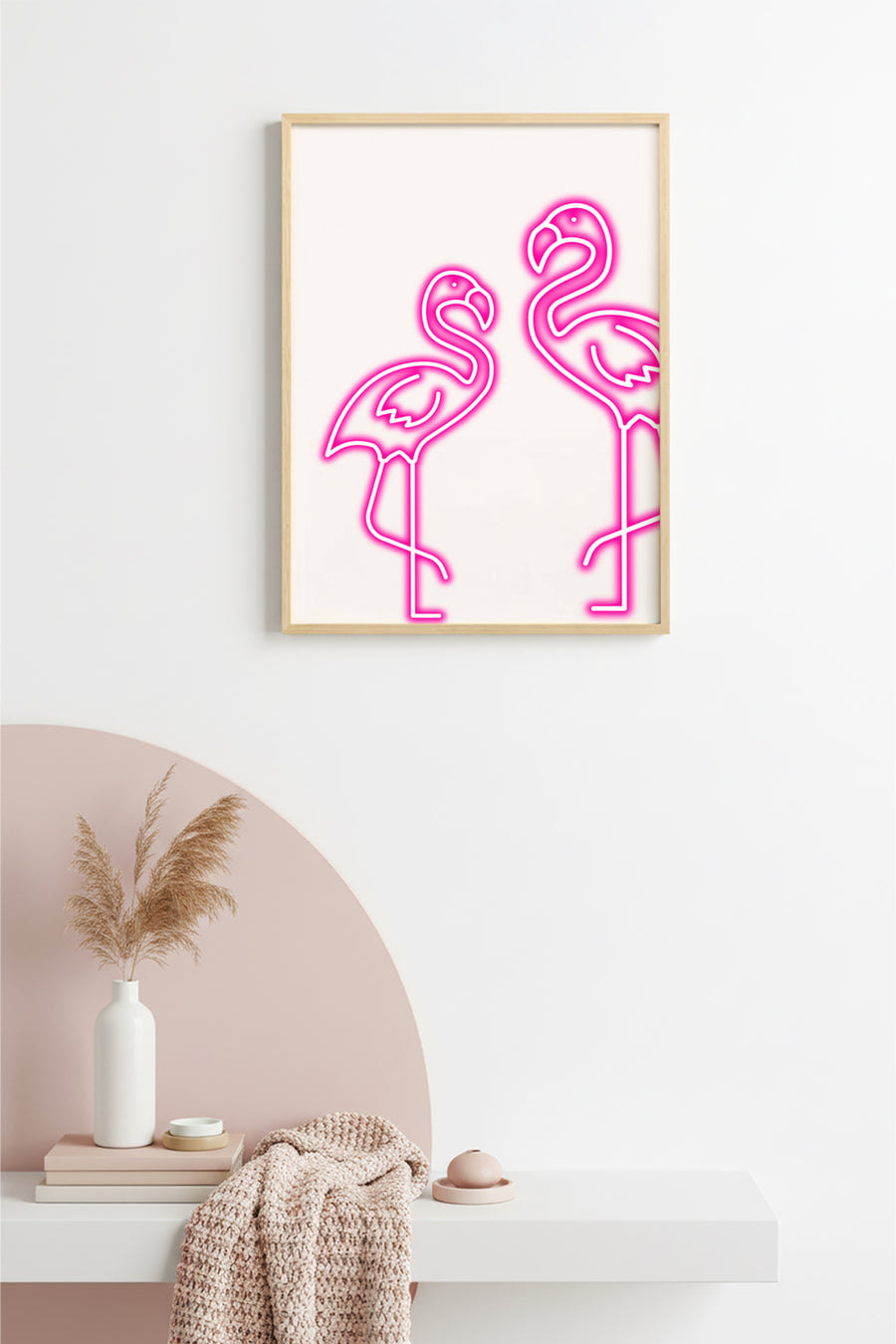 Doğal Ahşap Çerçeveli Retro Flamingo Tablo - Pembe Kuş Line Art | huhu2306