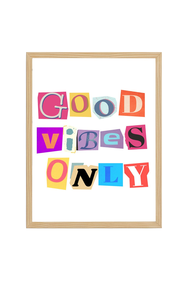 Doğal Ahşap Çerçeveli Retro Tablo - Good Vibes Only Tipografi | huhu2307