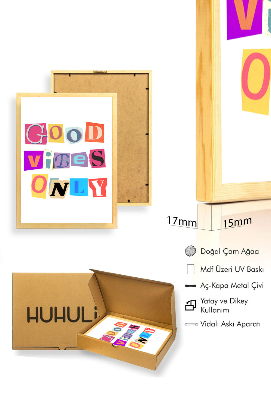 Doğal Ahşap Çerçeveli Retro Tablo - Good Vibes Only Tipografi | huhu2307