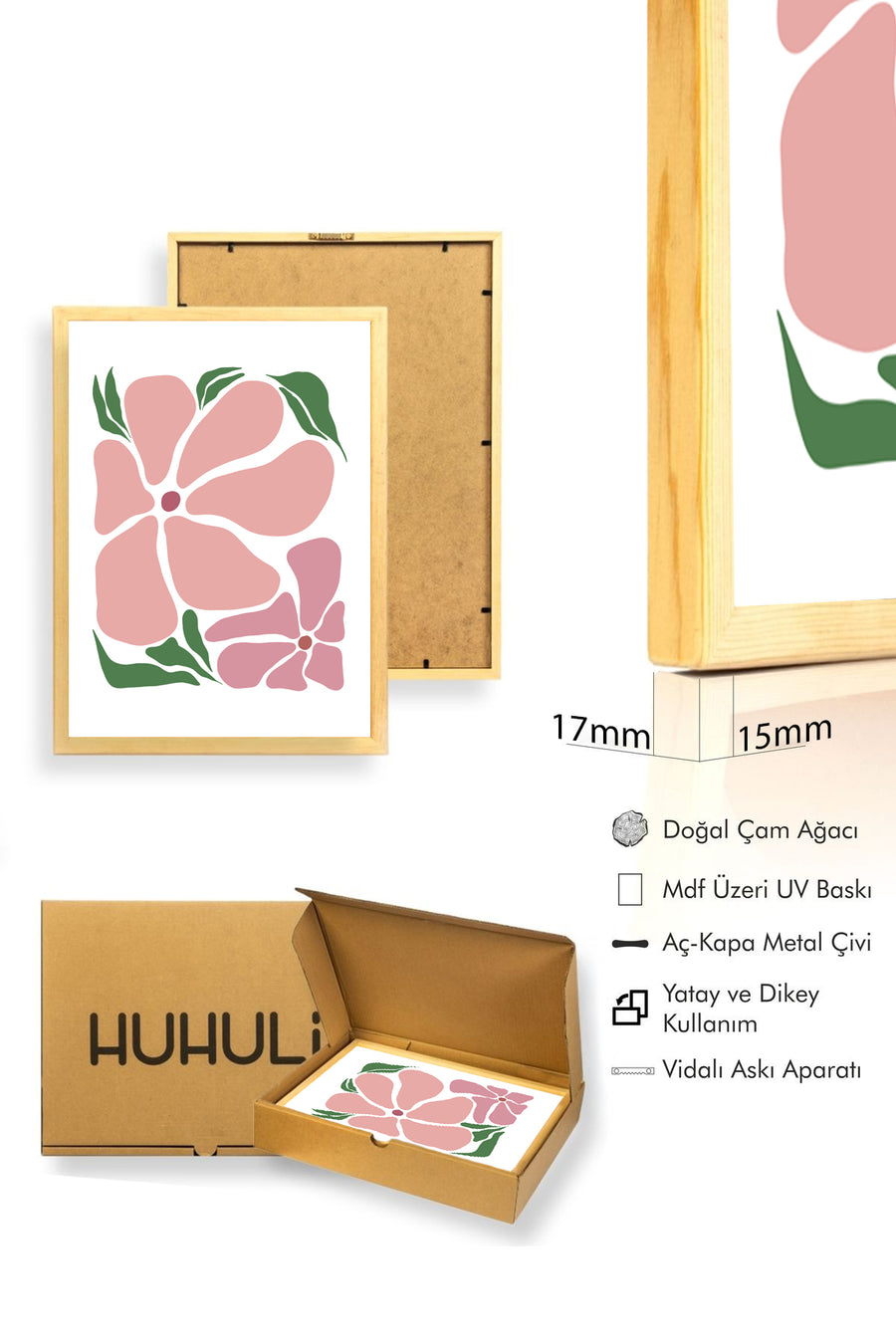 Doğal Ahşap Çerçeveli Retro Çiçekli Tablo - Pembe ve Yeşil Botanik Desen | huhu2308