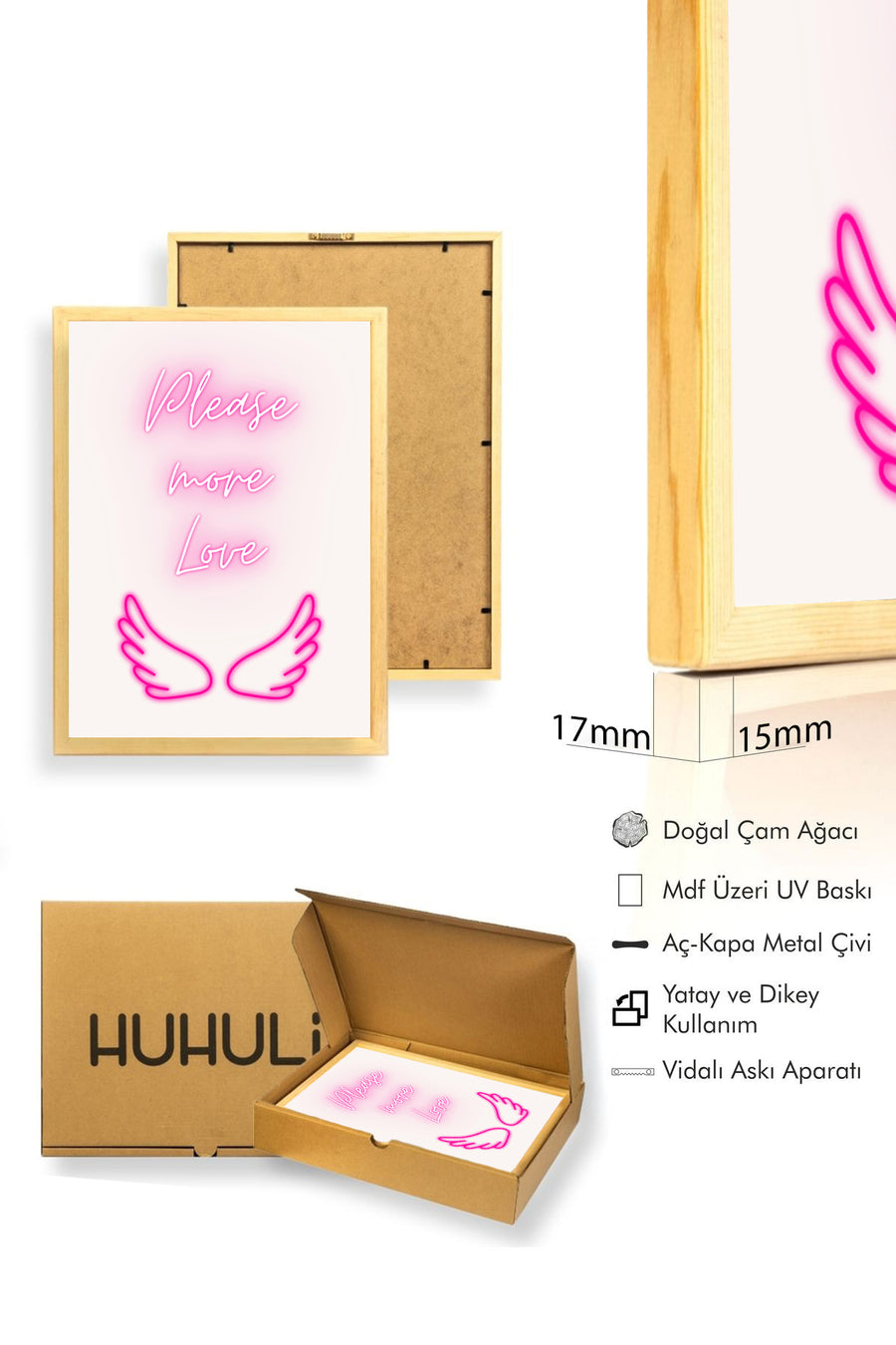 Doğal Ahşap Çerçeveli Neon Love Tablo - Please More Love Yazısı | huhu2309