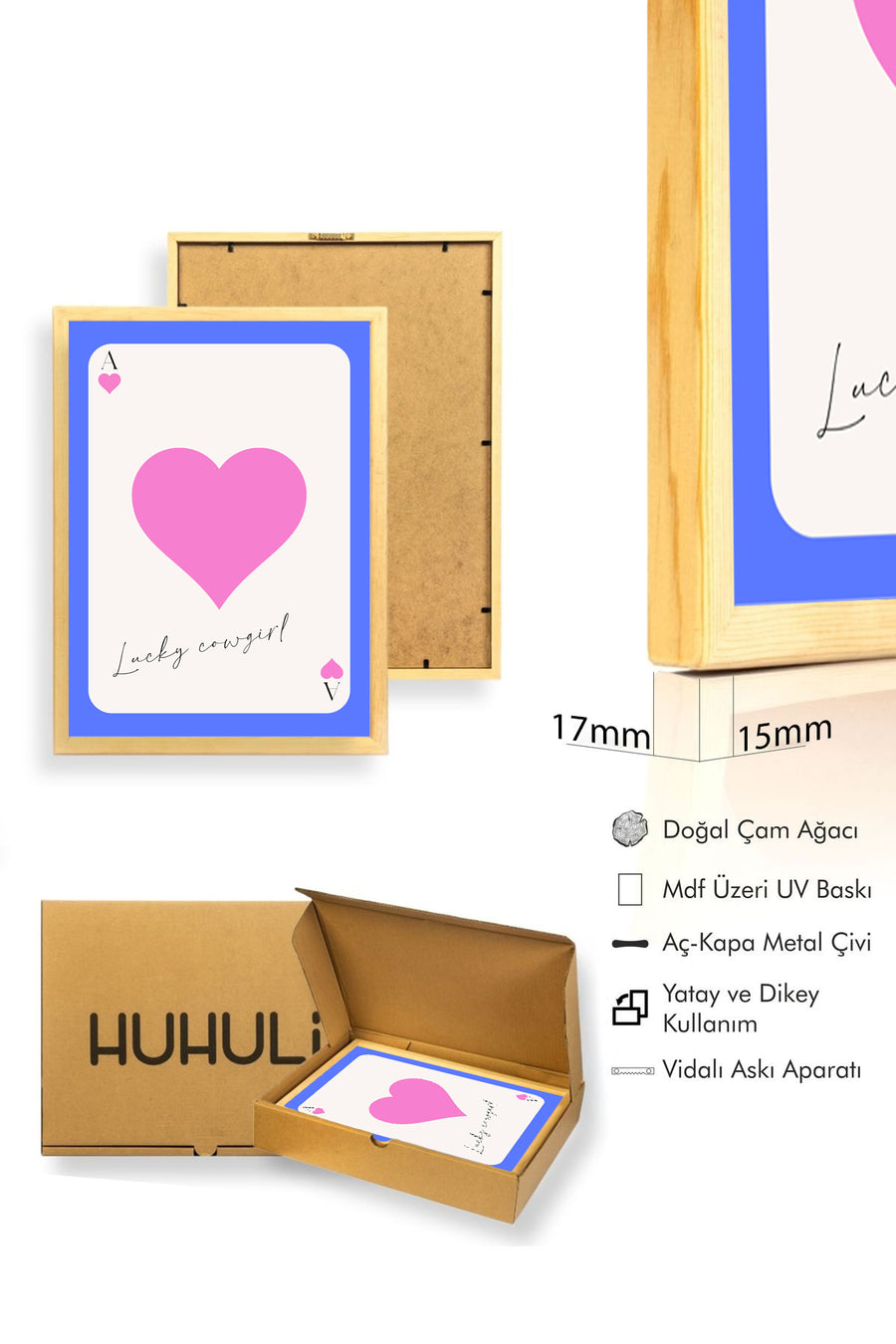 Doğal Ahşap Çerçeveli Retro Cowgirl Kalp Tablo - Pembe Tonlar | huhu2312