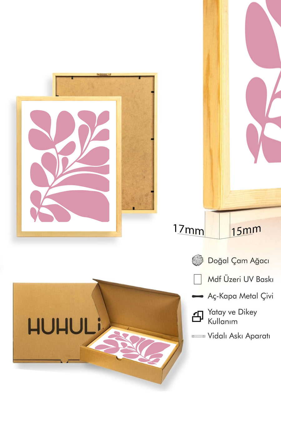 Doğal Ahşap Çerçeveli Retro Tablo - Botanik Yapraklar Pastel Tonlar | huhu2314