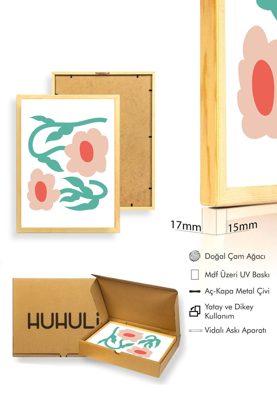 Doğal Ahşap Çerçeveli Retro Çiçekli Tablo - Pastel Tonlar Botanik Desen | huhu2317