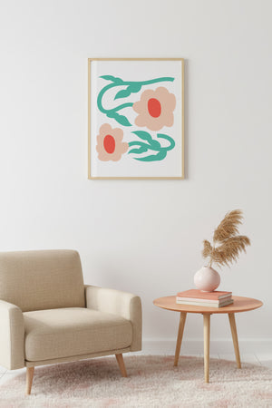 Doğal Ahşap Çerçeveli Retro Çiçekli Tablo - Pastel Tonlar Botanik Desen | huhu2317