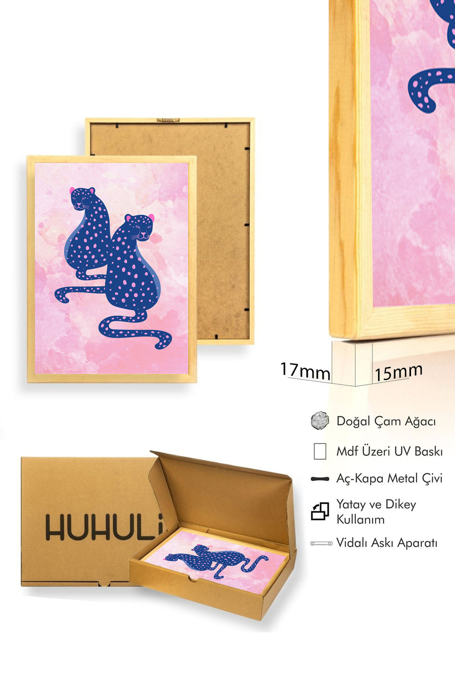 Doğal Ahşap Çerçeveli Retro Kedi Tablo - Nokta Desenli Pop Art | huhu2318