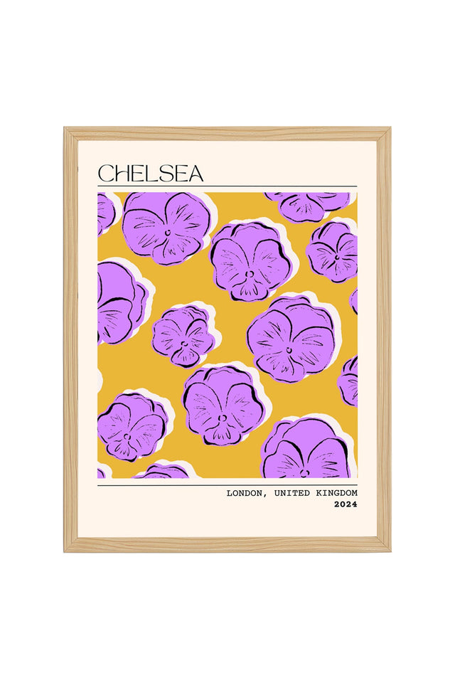Doğal Ahşap Çerçeveli Retro Floral Tablo - Lila Çiçek Desenli | huhu2323