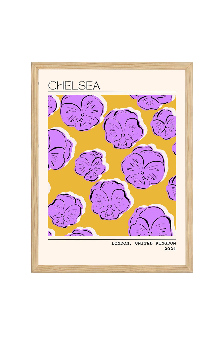 Doğal Ahşap Çerçeveli Retro Floral Tablo - Lila Çiçek Desenli | huhu2323