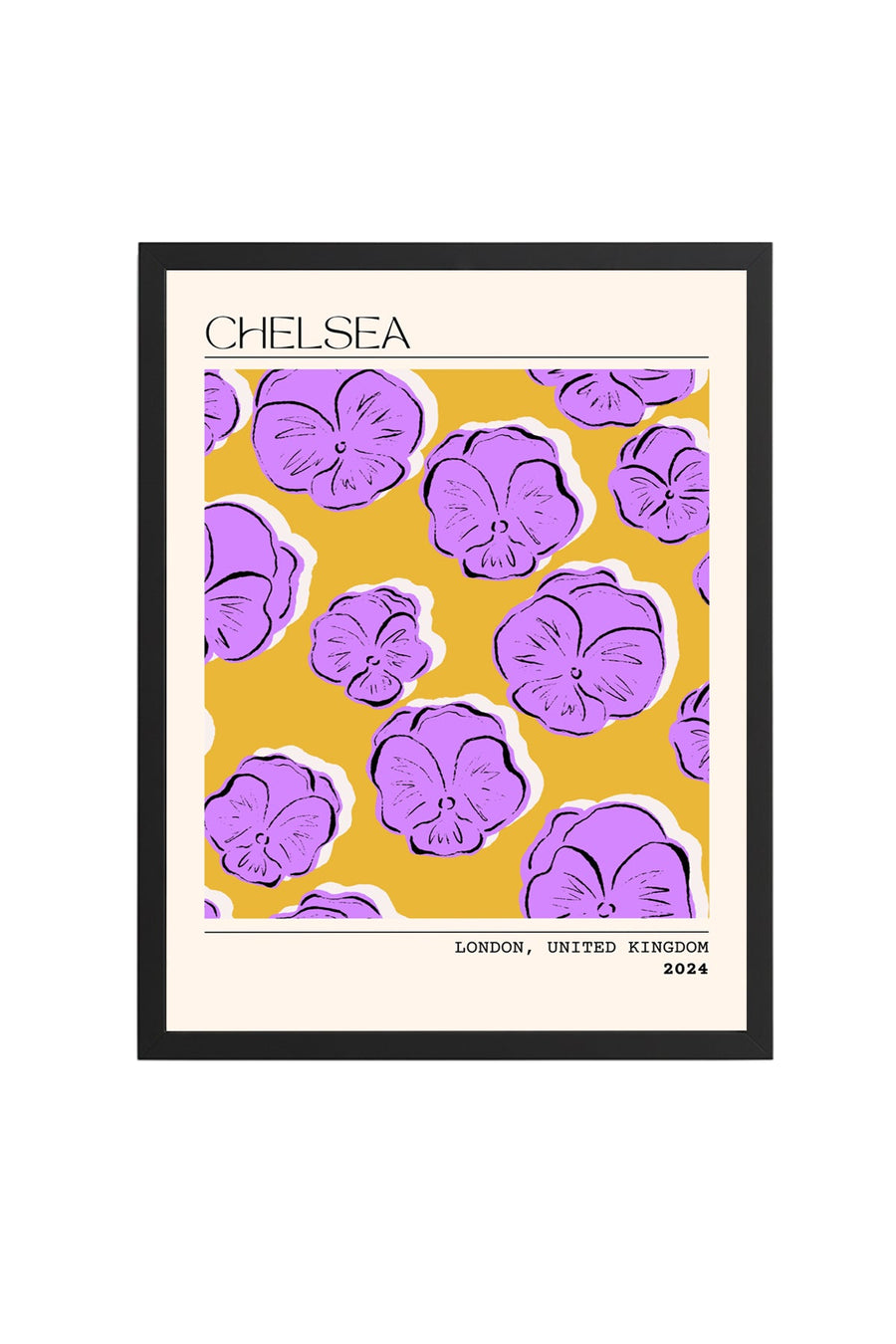 Doğal Ahşap Çerçeveli Retro Floral Tablo - Lila Çiçek Desenli | huhu2323