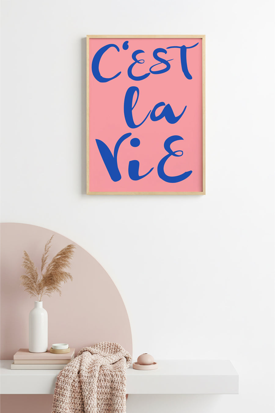 Doğal Ahşap Çerçeveli Minimalist C'est La Vie Tablo - Fransız Script Retro | huhu2324