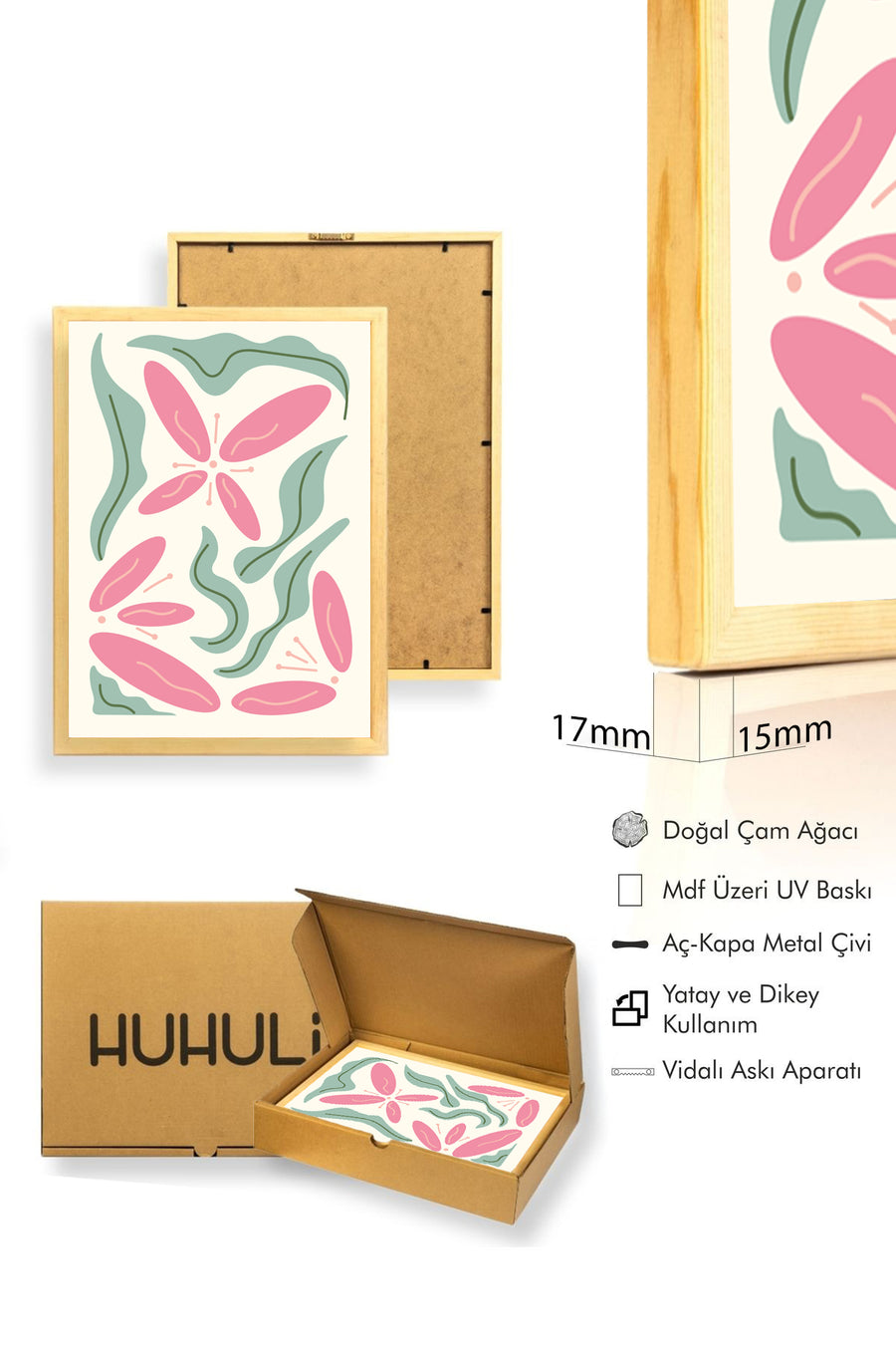 Doğal Ahşap Çerçeveli Retro Boho Floral Tablo - Pastel Çiçek Deseni | huhu2325