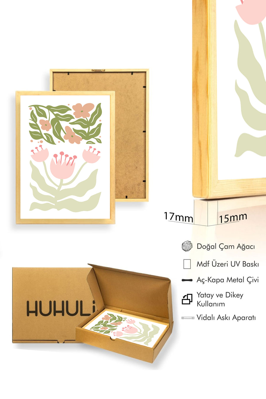 Doğal Ahşap Çerçeveli Retro Floral Tablo - Pastel Botanik Çiçekler | huhu2326