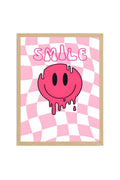 Doğal Ahşap Çerçeveli Retro Tablo - Pembe Smiley Pop Art Canlı Duvar Sanatı | huhu2329