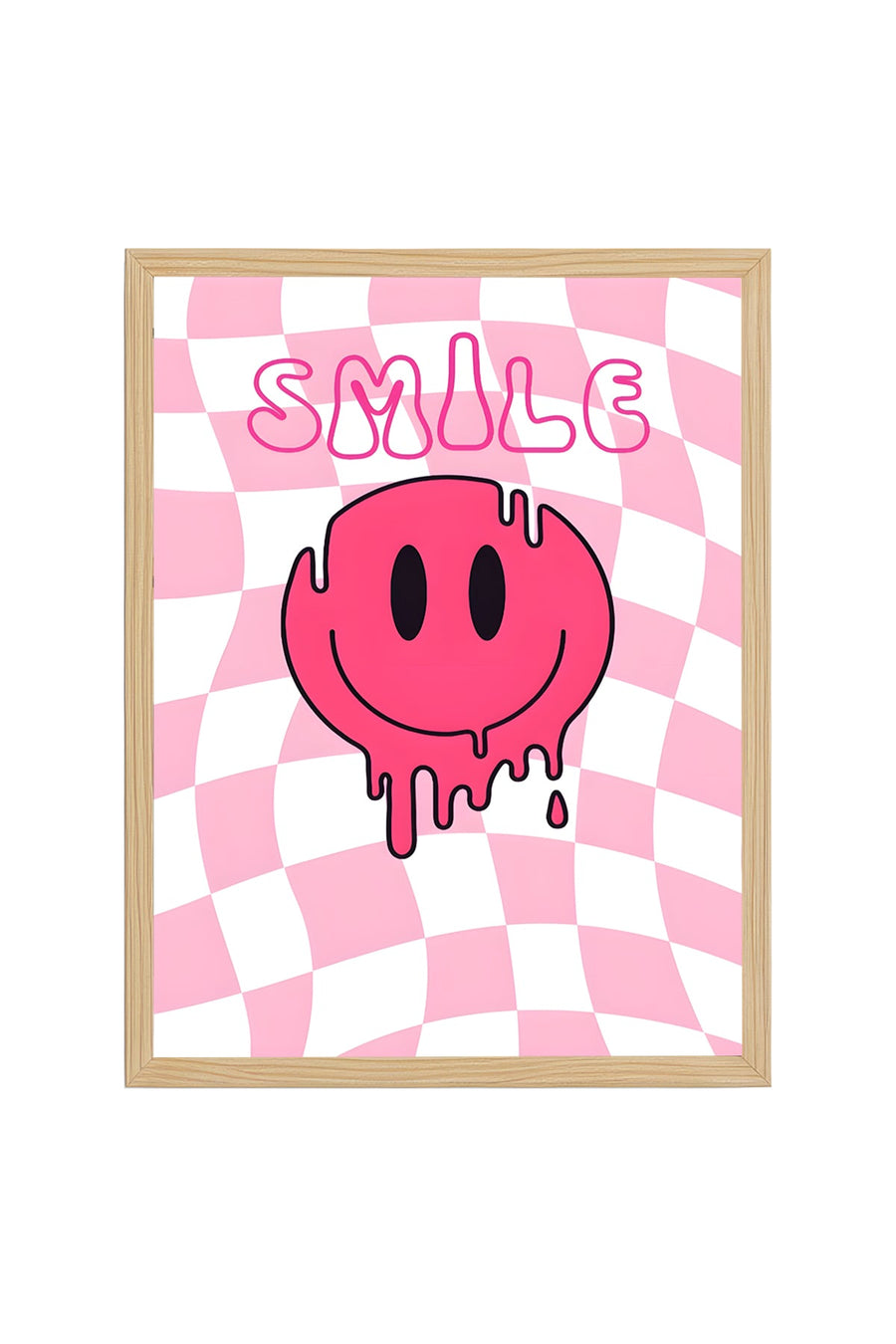 Doğal Ahşap Çerçeveli Retro Tablo - Pembe Smiley Pop Art Canlı Duvar Sanatı | huhu2329
