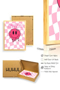 Doğal Ahşap Çerçeveli Retro Tablo - Pembe Smiley Pop Art Canlı Duvar Sanatı | huhu2329