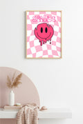 Doğal Ahşap Çerçeveli Retro Tablo - Pembe Smiley Pop Art Canlı Duvar Sanatı | huhu2329