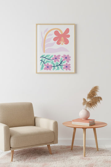 Doğal Ahşap Çerçeveli Retro Floral Tablo - Pastel Boho Çiçek Desenli | huhu2330