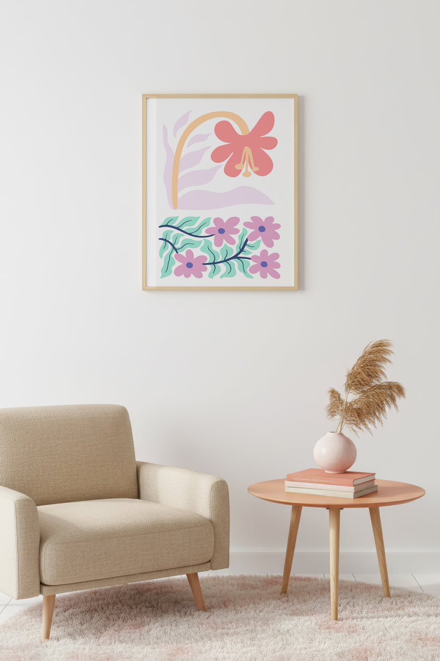 Doğal Ahşap Çerçeveli Retro Floral Tablo - Pastel Boho Çiçek Desenli | huhu2330