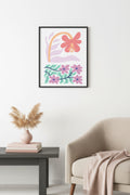 Doğal Ahşap Çerçeveli Retro Floral Tablo - Pastel Boho Çiçek Desenli | huhu2330