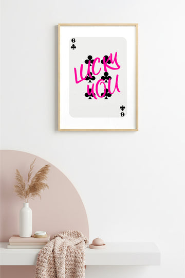 Doğal Ahşap Çerçeveli Retro Tablo - Lucky You Script - Pembe Tonlar | huhu2331