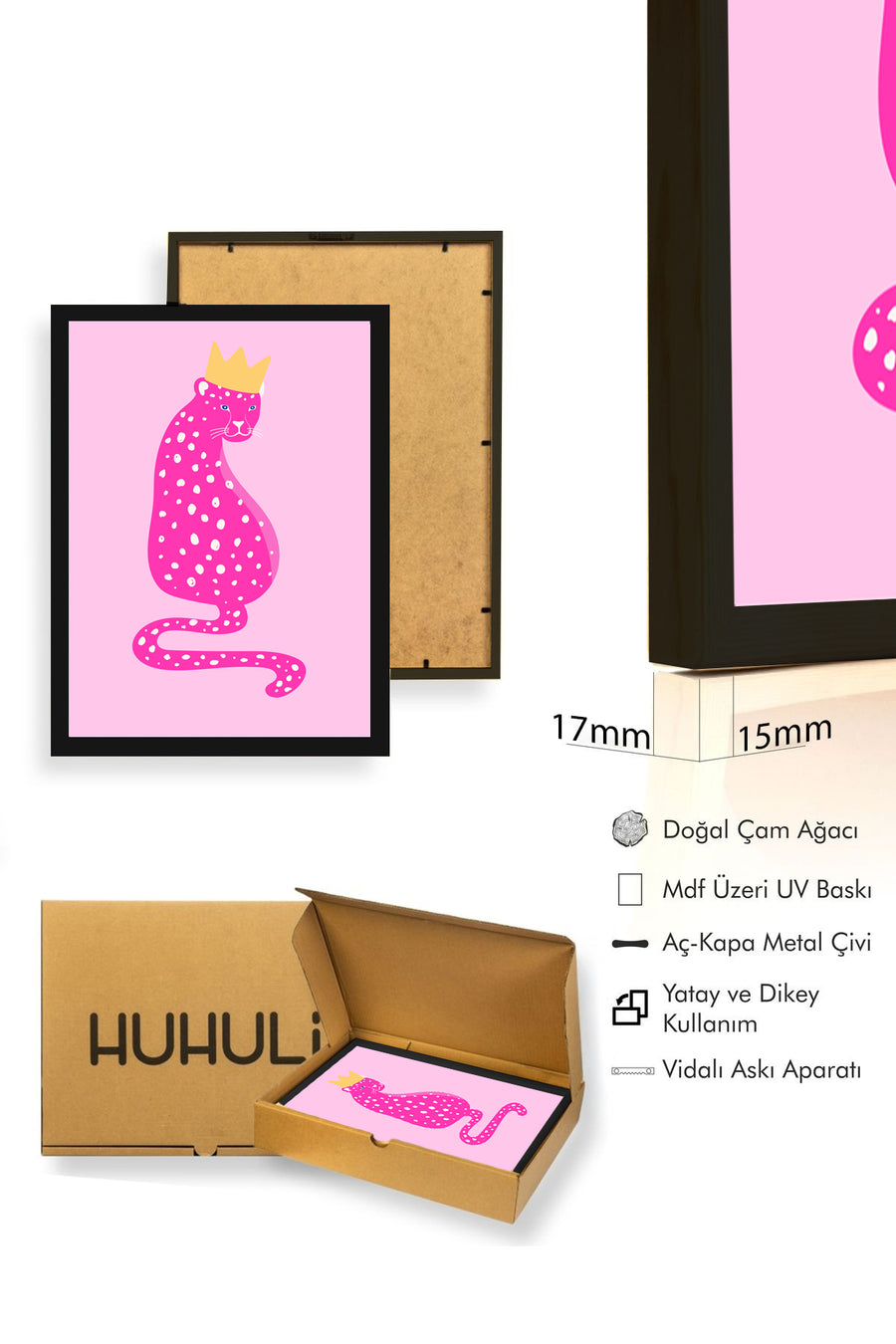 Doğal Ahşap Çerçeveli Retro Kedi Tablo - Pembe Nokta Desenli Prenses | huhu2333