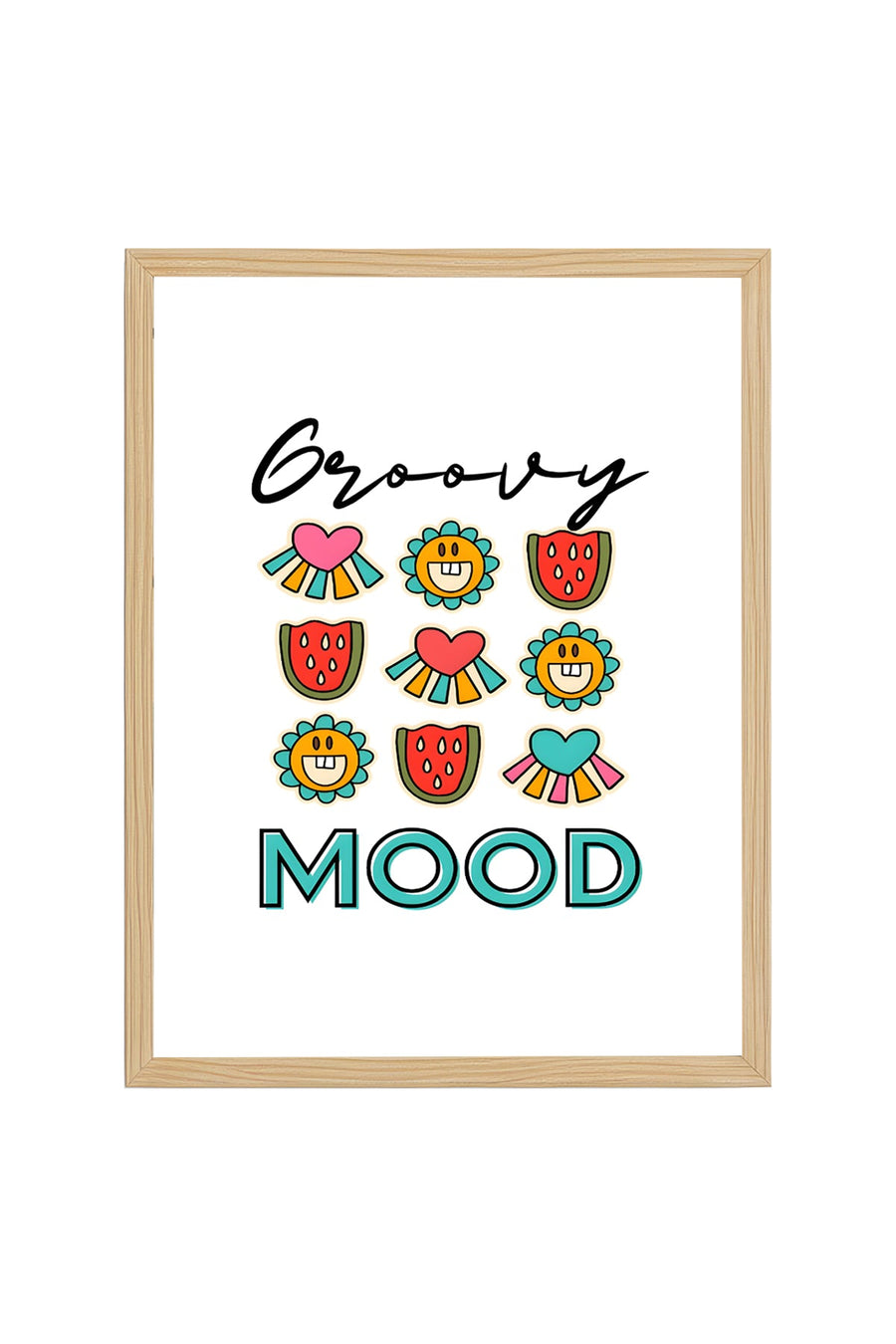 Doğal Ahşap Çerçeveli Retro Tablo - Groovy Yaz Pop Art Smiley Desenli | huhu2335